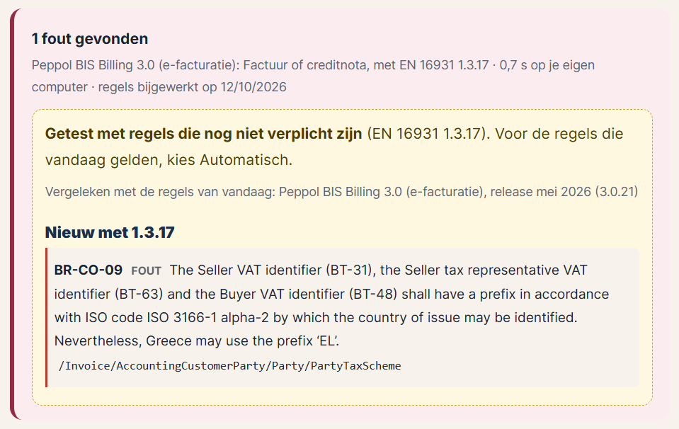 De e-factuurvalidator met EN 16931 1.3.17: een factuur met een Grieks btw-nummer geeft de nieuwe fout BR-CO-09